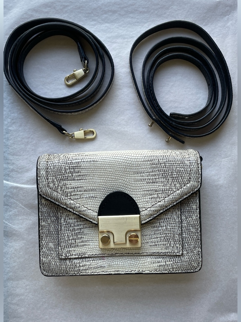 LOEFFLER RANDALL // Cream & Black Lizard Embossed Mini Crossbody & Waist Bag